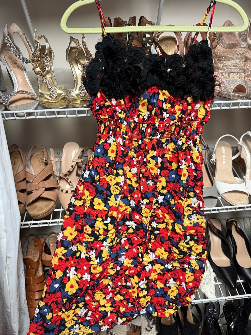 Floral Red Mini Dress with Black Crochet Rosette Bodice